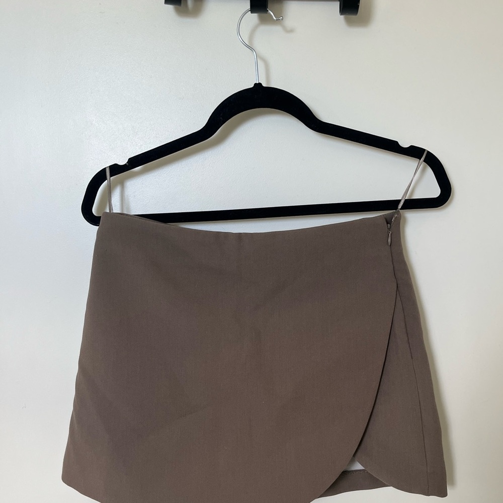 Zara Taupe Wrap-Style Mini Skort